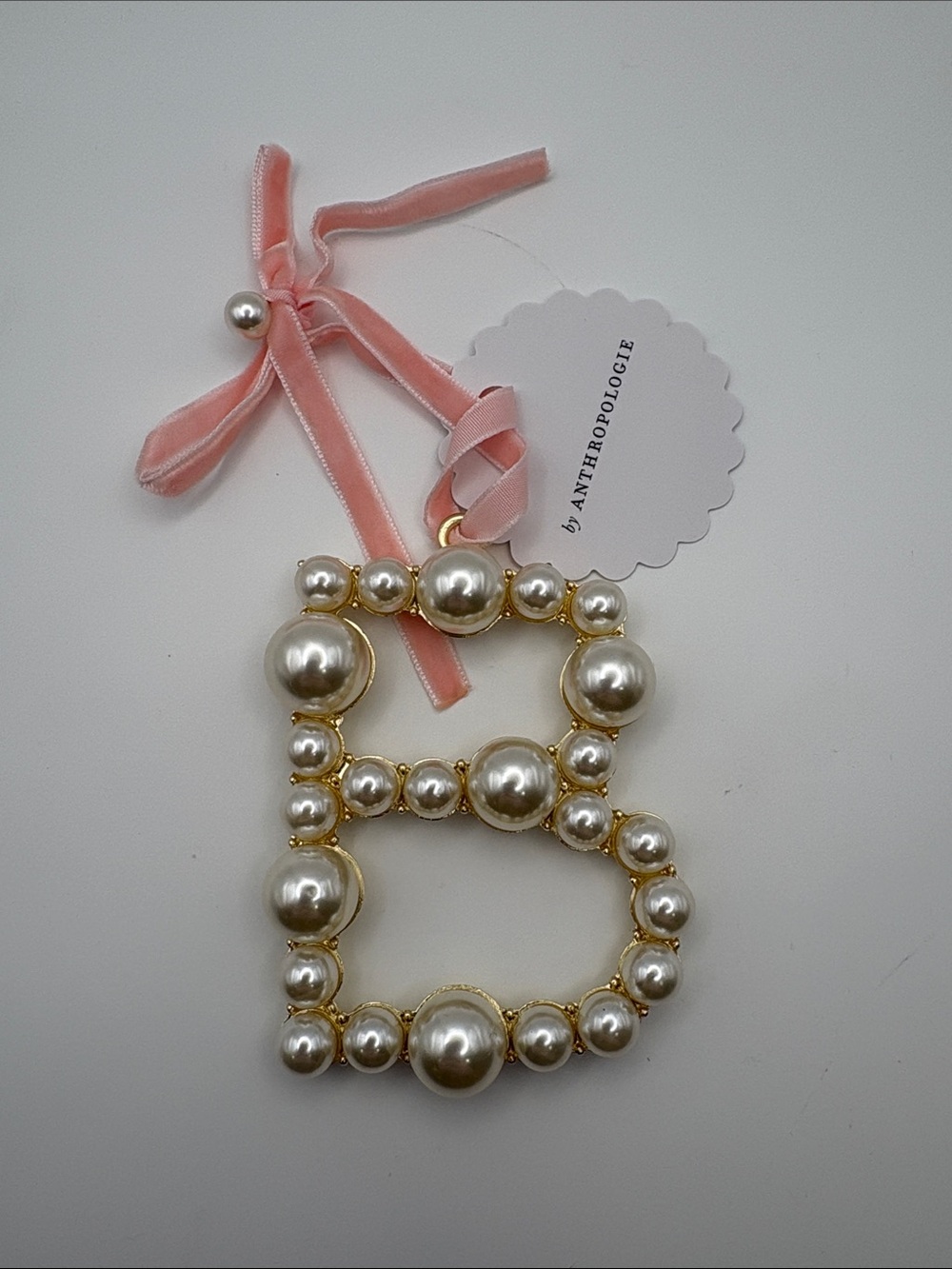 Anthropologie Pearl 'B' Initial Ornament with Pink Velvet Ribbon
